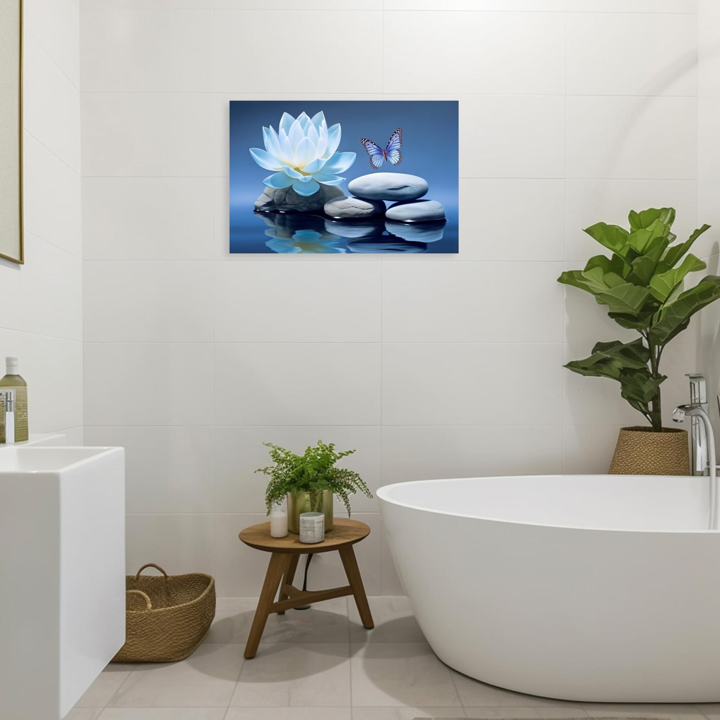 ARTZGX Blue Zen Wall Art Lotus Flower Canvas Spa Stone Pictures for Bathroom Wall Decor Meditation Butterfly Painting Frame(Zen - A 12.00" x 18.00")