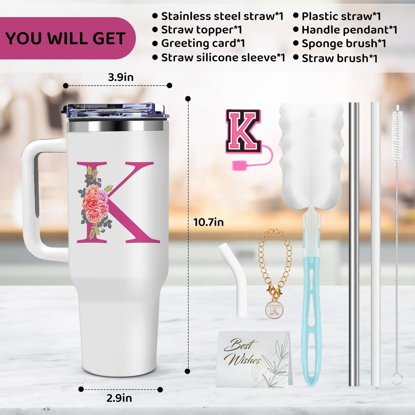 AiHeart 40oz Initial Tumbler,Personalized Gift for Women,Sister,Wife,Best Friend,Monogrammed Gifts for Birthday, Christmas,Custom Tumbler,Cute Tumblers with Straws-K