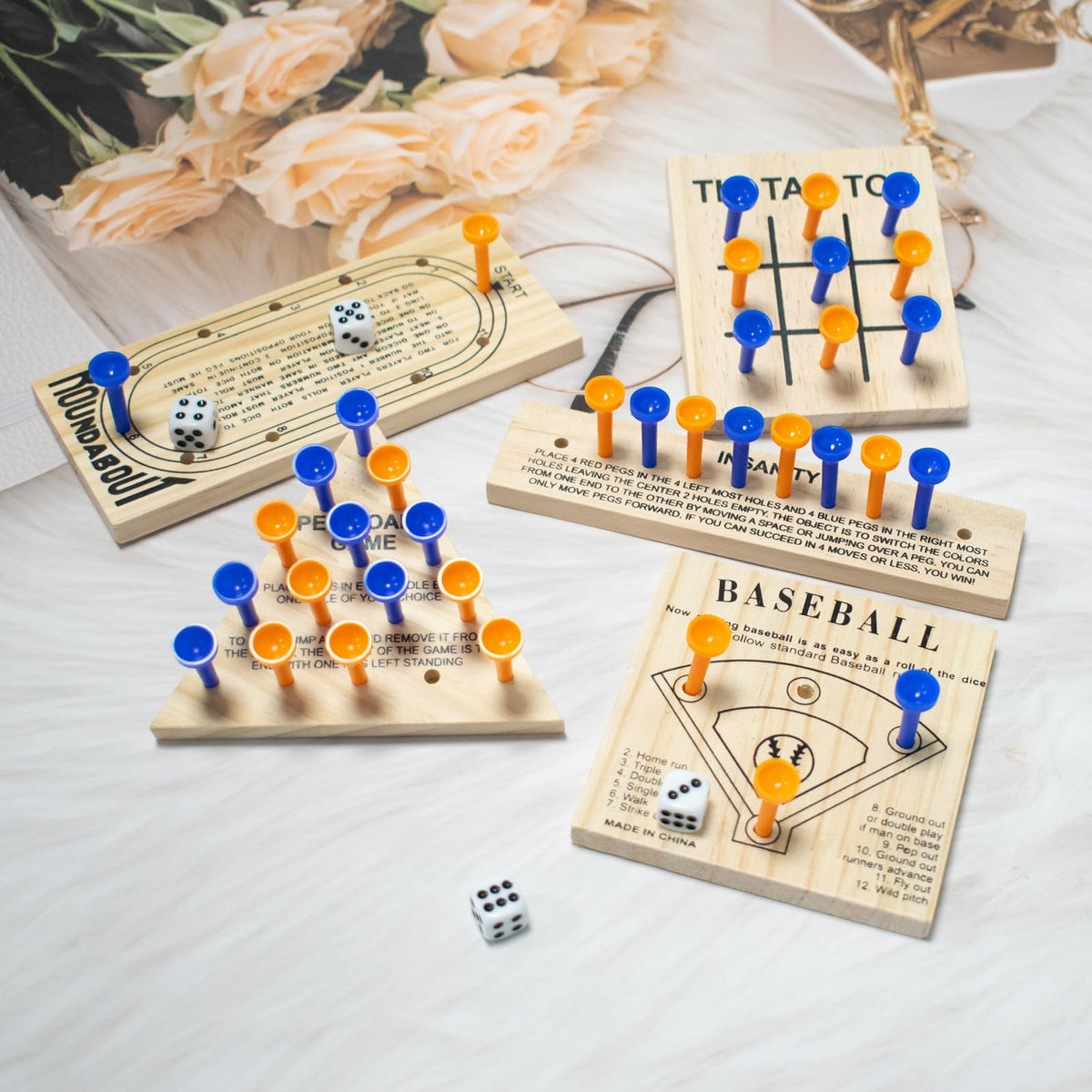 Wooden Peg Games Assortment Kit, 5 PCS Fun Brain Strategy Toy for Teens and Adults, Including Baseball, Tic-Tac-Toe, Insanity, Peg-Board-Game, Roundabout