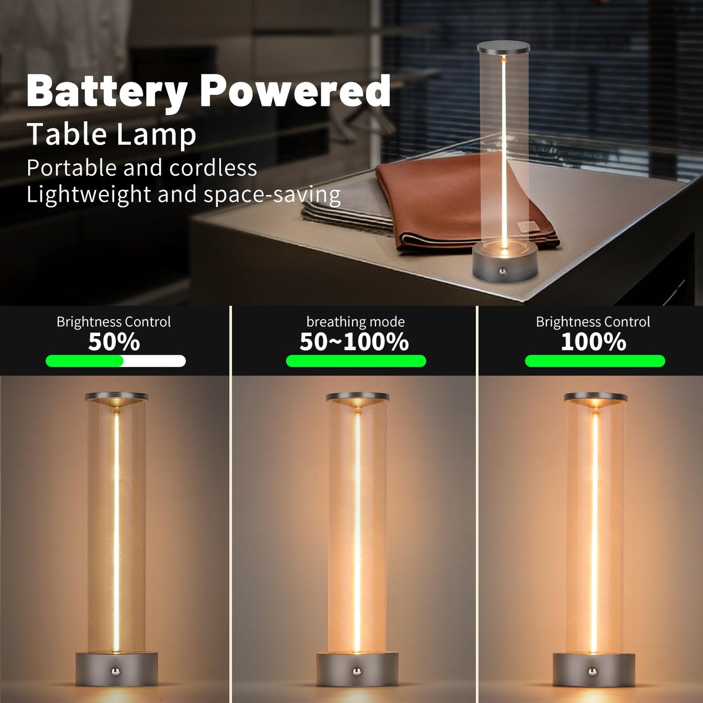 Mini Minimalist Tabe Lamp with Breathing Effect, Cordless LED Desk Lamp Rechargeable Modern Night Lights Portable Lamp for Gaming, Home Office, Bedroom, Living Room, Kitchen, Bar, Restaurant (grey)