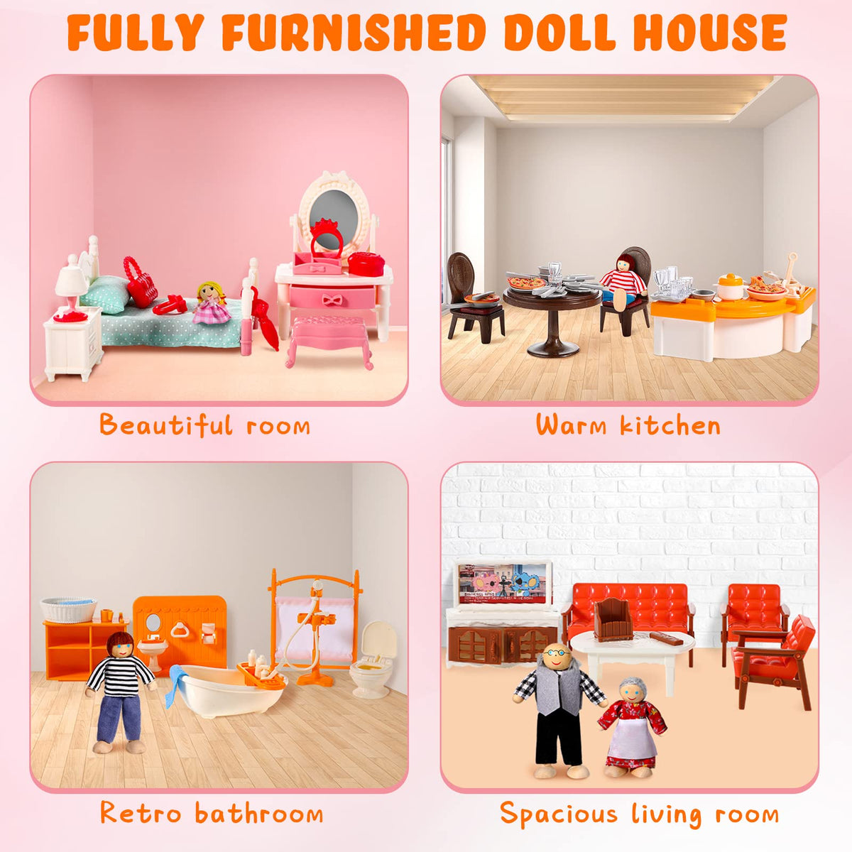 HyDren 83 Pcs Wooden Plastic Dollhouse Furniture Set with 8 Flexible Dolls for 5 Rooms Kits Kitchen Dining Living Room Bedroom Bathroom Modern Dollhouse Accessories and Furniture Toys for Girl Boy