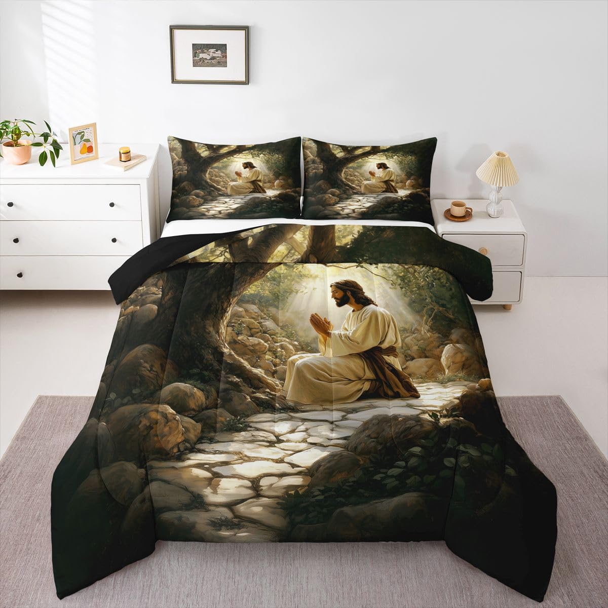 Manfei God Praying Girls Bedding Set Twin Size,The Garden of Gethsemane Comforter Set,Western Bible Verse Spiritual Quilt Comforter Girls Boys Teens,Black Gray Room Decor All Season,1 Pillowcase