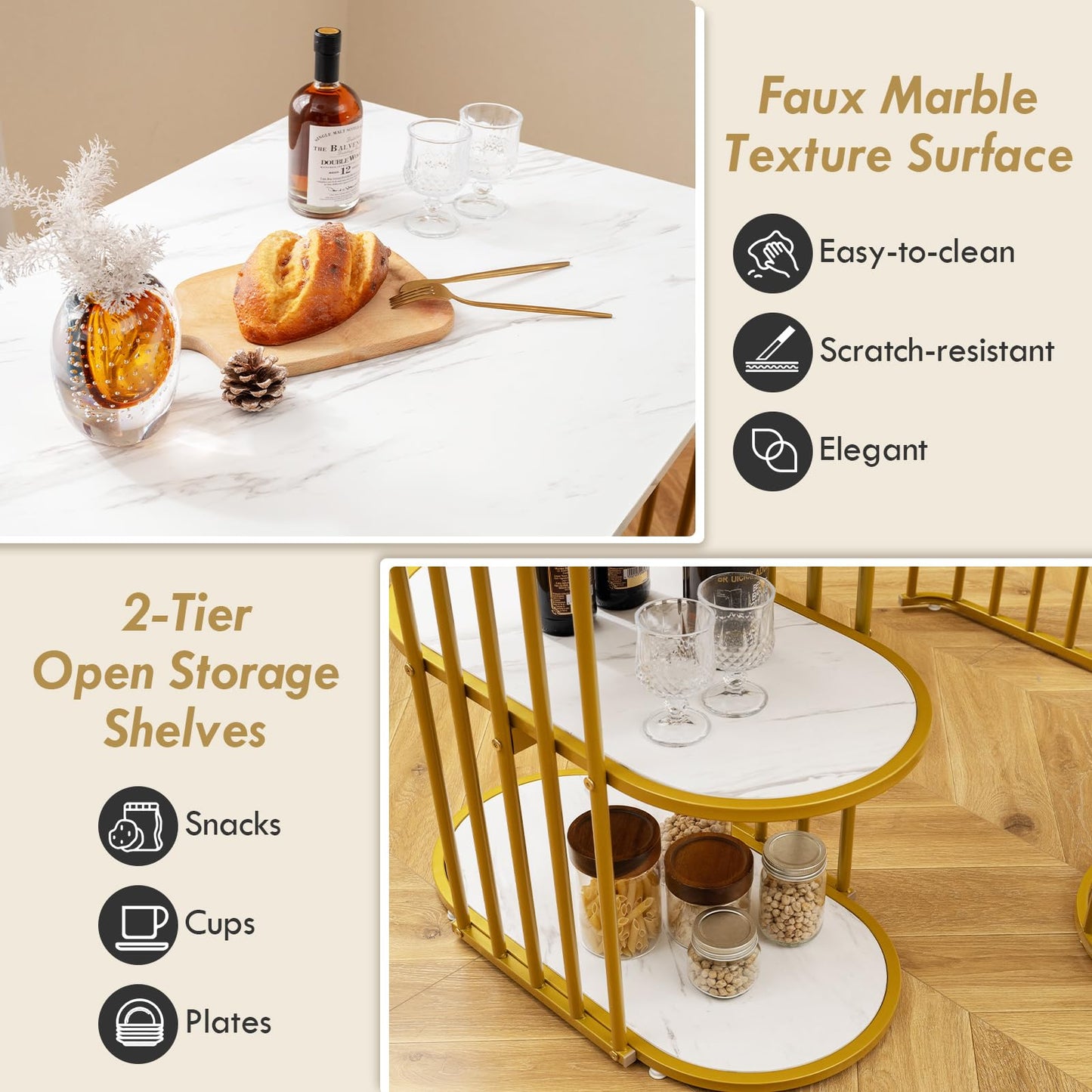 Giantex 3-Piece Dining Table Set for 2, Rectangular Kitchen Table with 2 Stools, 2-Tier Storage Shelf, Upholstered Seat, Faux Marble Top, Metal Frame, Dinette Desk, Breakfast Desk for Small Space