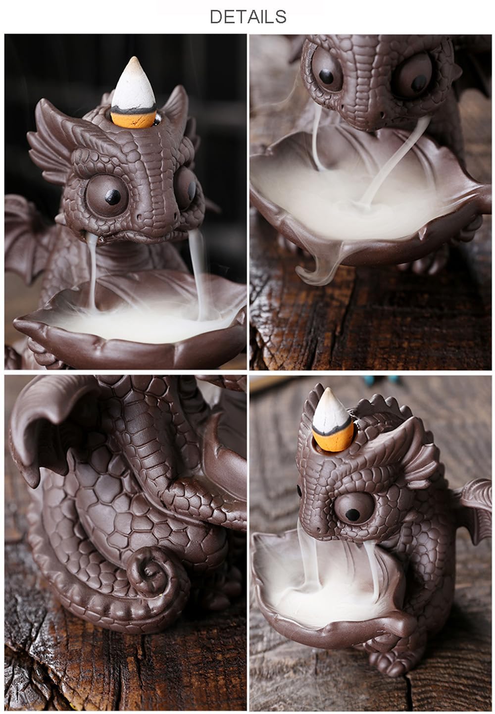 Ceramic Dragon Incense Burner, Cute Dinosaur Backflow Incense Holder with 20 Incense Cones, Tweezers, Mat, Aromatherapy Home Decoration for Spa Yoga Meditation (Brown)