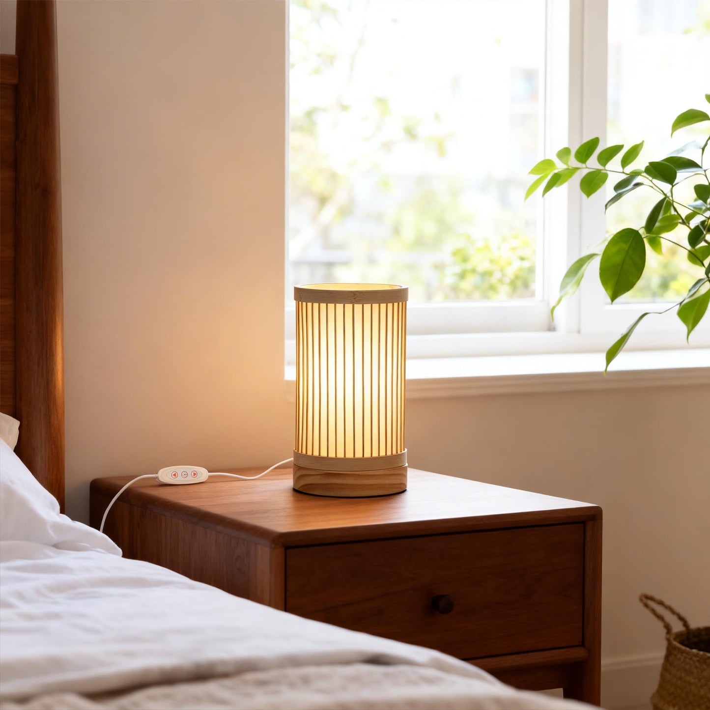 LUSHARBOR Bamboo Table Lamp, Small Boho Rattan Lamp Decorative with Dimmable Light, Woven Bedside Lamp for Bedroom, Cozy Nightstand Desk Lamps for Cafe/Entryway/Tabletop/Shelf Decor