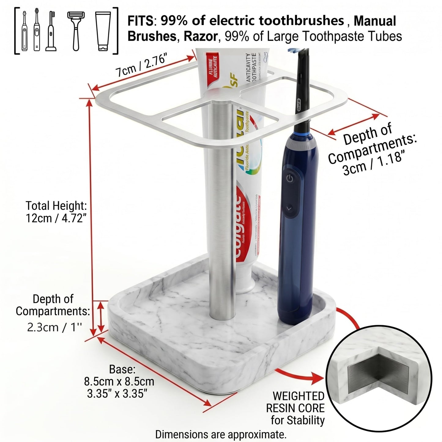 ERSINNO Electric Toothbrush Holder for Bathroom - Resin Marble Base & 304 Stainless Steel Organizer - 3-Slot Toothpaste and Vanity Stand - Space-Saving Bathroom Caddy for Countertop (White Silver)