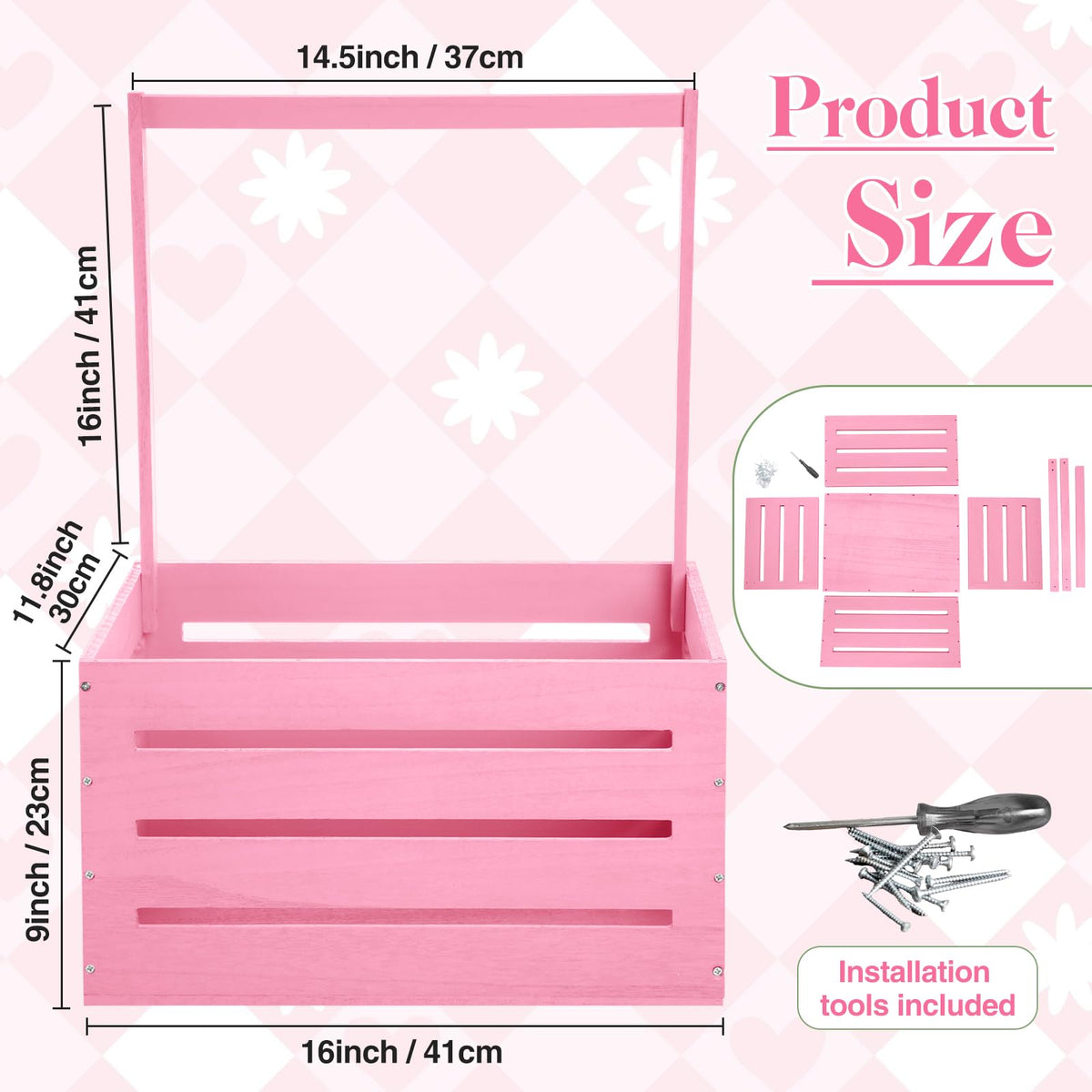 Suzile Wooden Baby Shower Crate Closet Wood Basket for Gifts with Handle Boy Girl Clothes Gender Reveal Storage Box for Newborn New Parent(Pink)