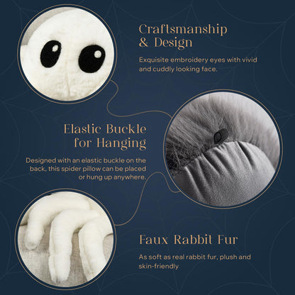Phantoscope Happy Halloween Spider Shaped Throw Pillow, Faux Fur Fluffy Tarantula Shaped Halloween Cushion Pillow, White, 9 x 16 inch