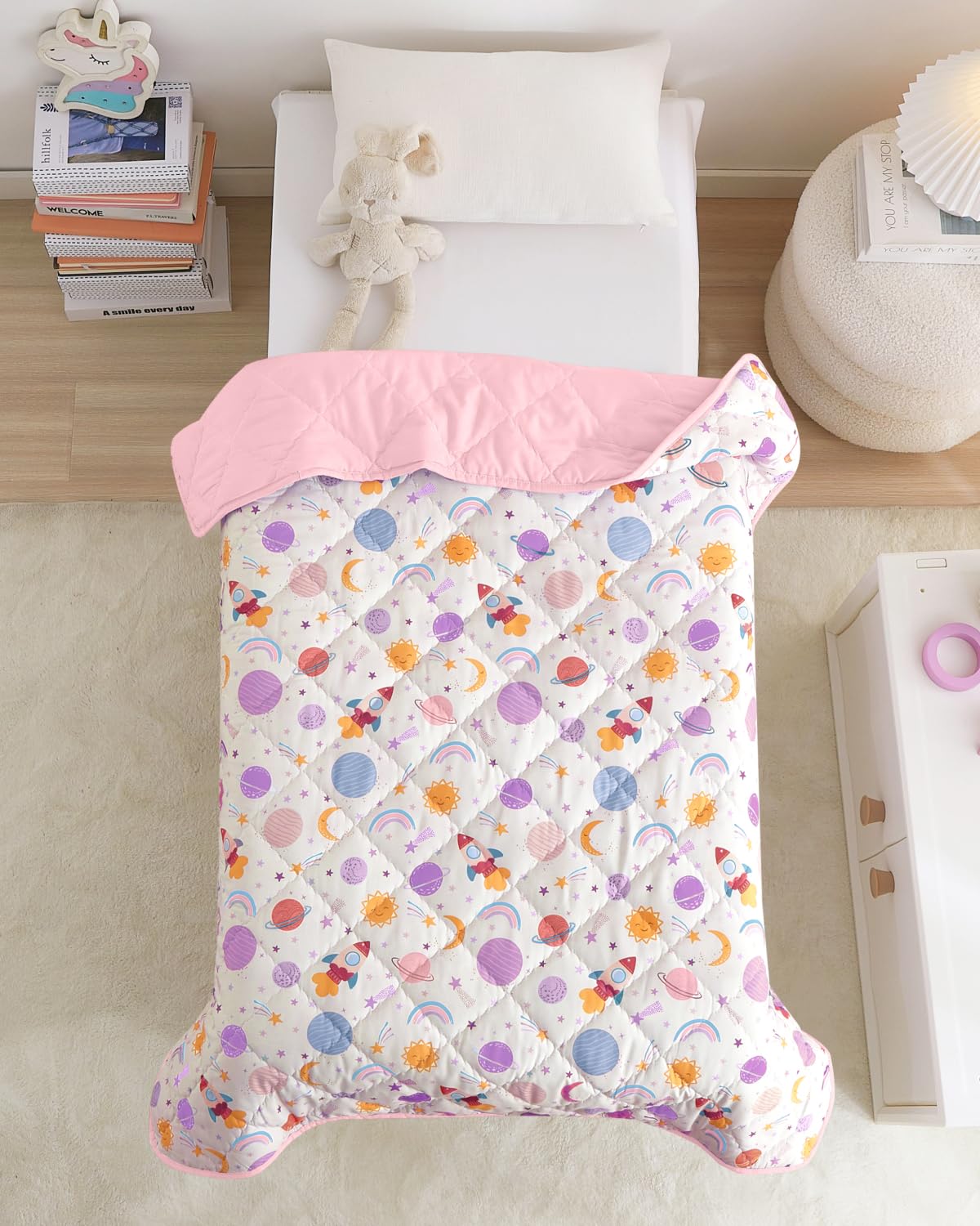Space Girl Toddler Comforter - Down Alternative Toddler Microfiber Comforter - Lightweight & Warm Baby Quilt Blanket - Soft & Breathable - Kids Duvet Insert Crib & Stroller - Machine Washable - 39x47