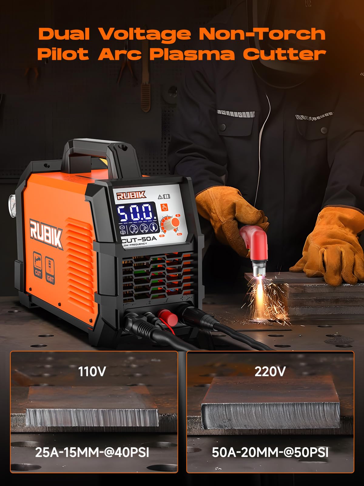 Plasma Cutte 50 Amp, Plasma Cutter Machine 110/220V Dual Voltage 3/4" Max Cutting, 1/2'' Clean Cut, Non-High Frequency Non-Touch Pilot Arc, Large LCD Digital Dispaly, 2T/4T Plasma Cutting Machine