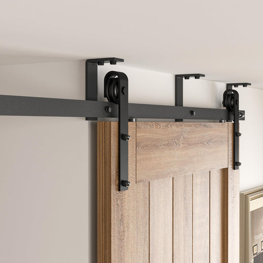 CCJH 7FT Ceiling Mount Bracket Sliding Barn Door Hardware Kit Black,Strong Bearing, Low Ceiling L-Shape Bracket System, Fit 42" Wide Single Door Panel (Basic Style)