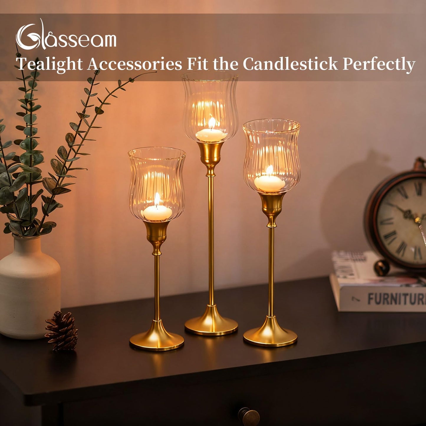 Glasseam Glass Votive Cups with Pegs: Set of 5 Shabbat Votive Candle Holders Bulk with Rubber Grippers Ribbed Glass Clear Candle Cups for Candlestick Holders Shabbos Party Centerpiece Decoration
