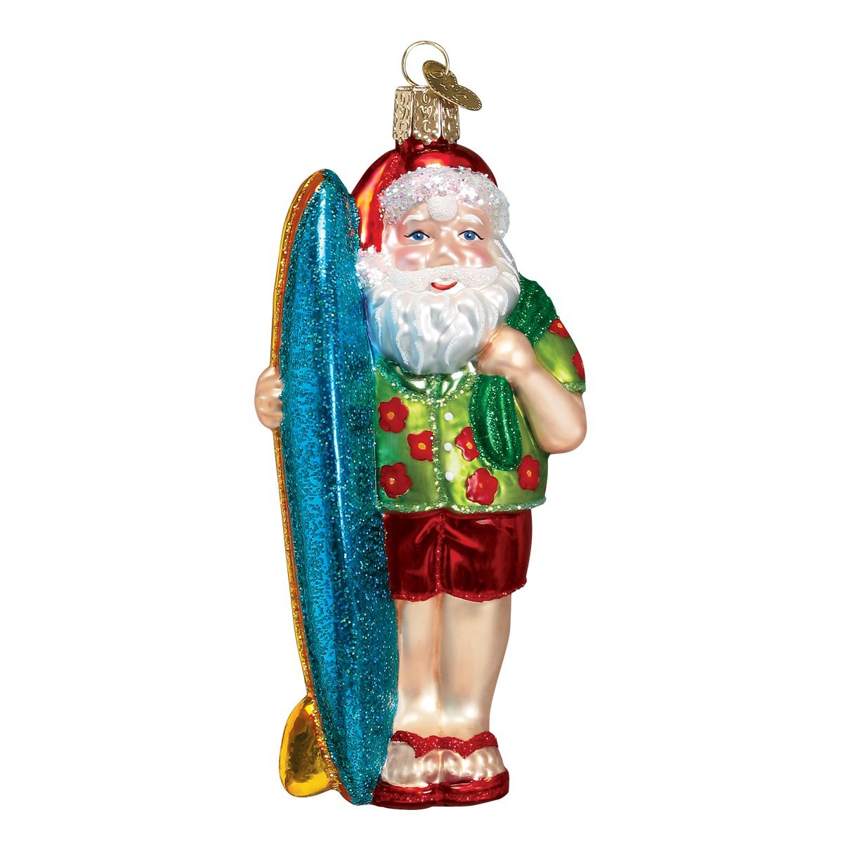 Old World Christmas Surfer Santa Glass Blown Ornament for Christmas Tree, Handcrafted Holiday Decoration, Santa Collection