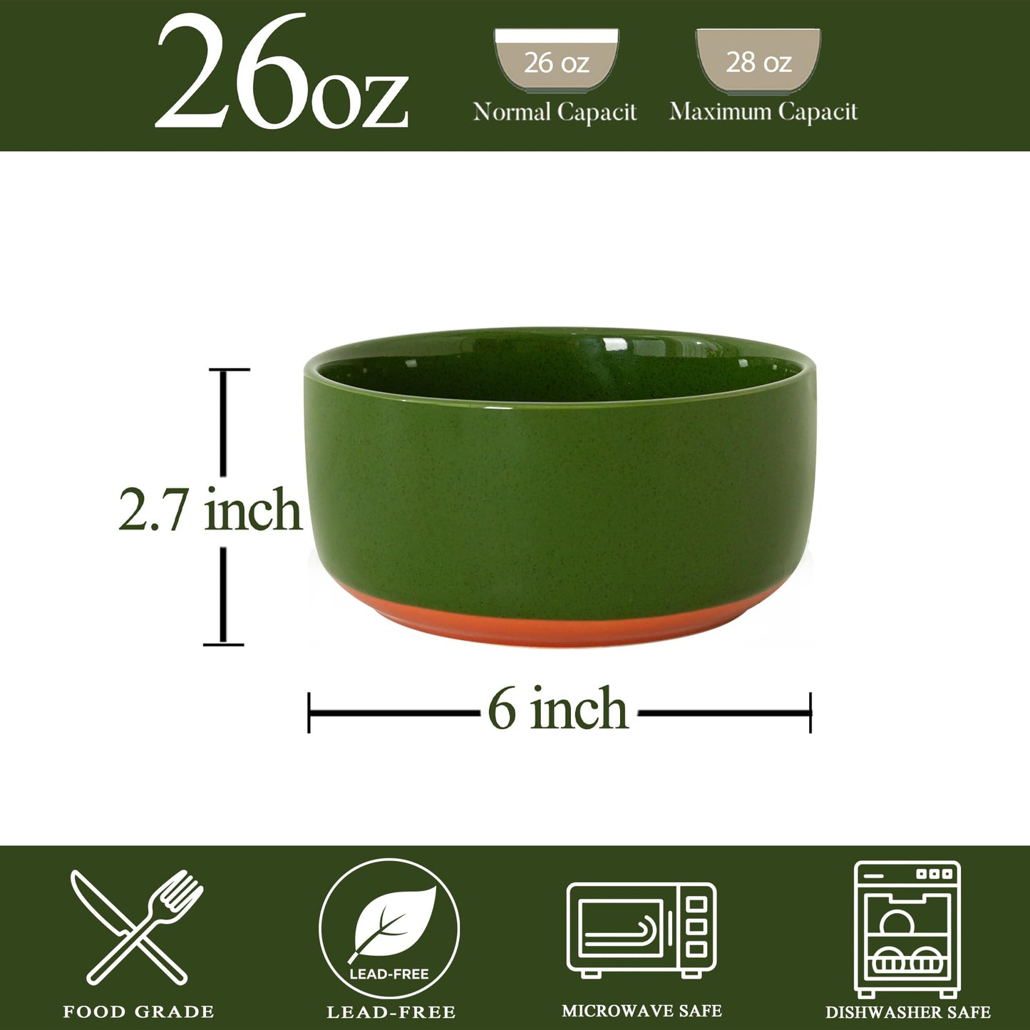 Ruxmirae Stoneware Cereal and Soup Bowls Set of 4, 6-Inch Dual Glaze Ceramic Bowls for Breakfast & Oatmeal, Microwave and Dishwasher Safe, Forest Glaze Green