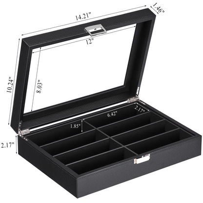 BEWISHOME Sunglass Organizer Case, 8-Slot Glasses Display Case With Large Clear Glass Lid, Pu Leather Lined Glasses Organizer for Men