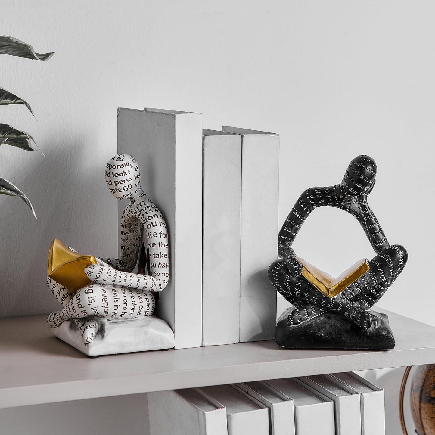 BANOMII Heavy Duty Book Ends for Shelves, Thinker Decorative Bookends for Heavy Books, Unique Book Stoppers to Hold Book, Bookshelf Accessories, Modern Home Office Decor Aesthetic Black & White