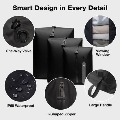 Travel Vacuum Storage Bags with Portable Pump, 3 Pcs IP68 Reusable Extra Large Compression Storage Bags, Space Saver for Clothes, Blanket, Comforter, Fits 20-28 Inch Suitcase, Holds Up to 50+ Items