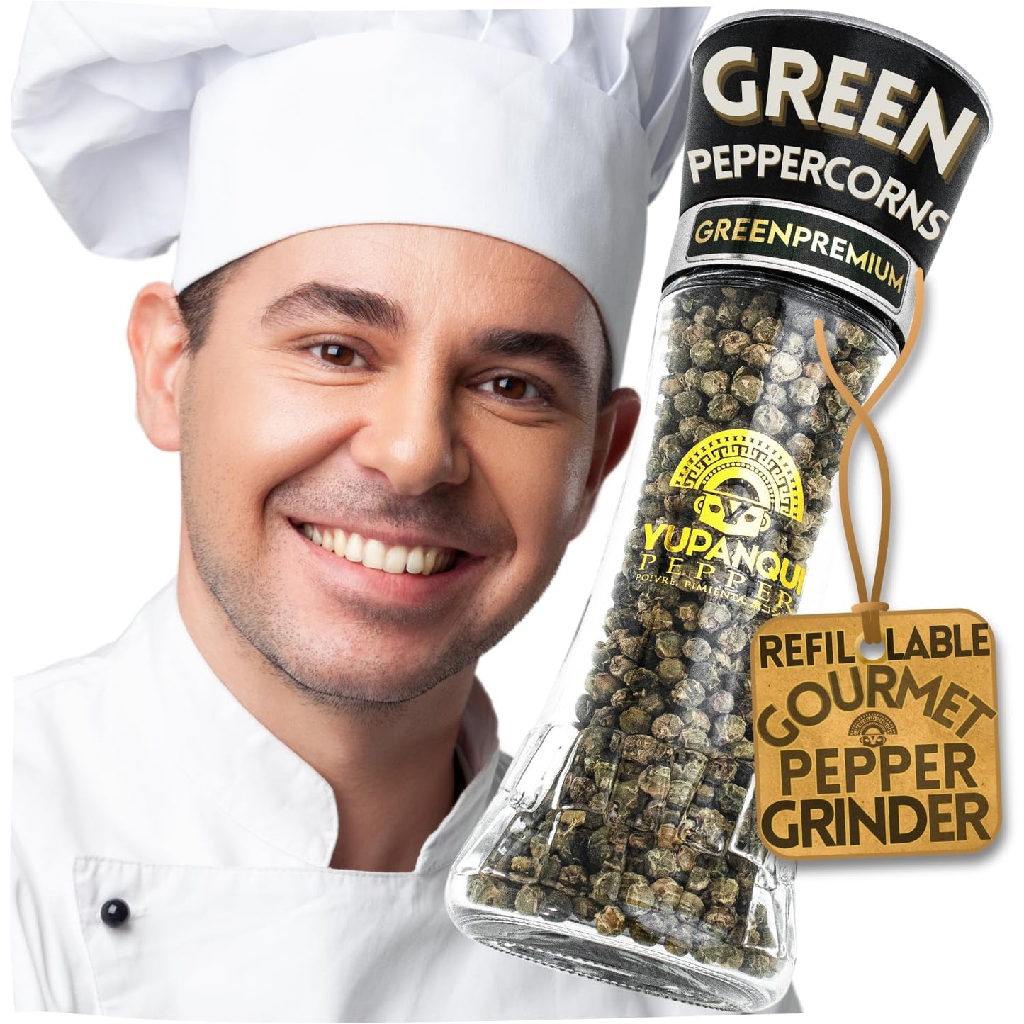 YUPANQUI Green Peppercorn Grinder with Green Peppercorns Refillable 2.1oz Green Peppercorns Organic for Italian French Thai Cuisine Gourmet Pepper Grinder with Fresh Citrus and Herbal Notes