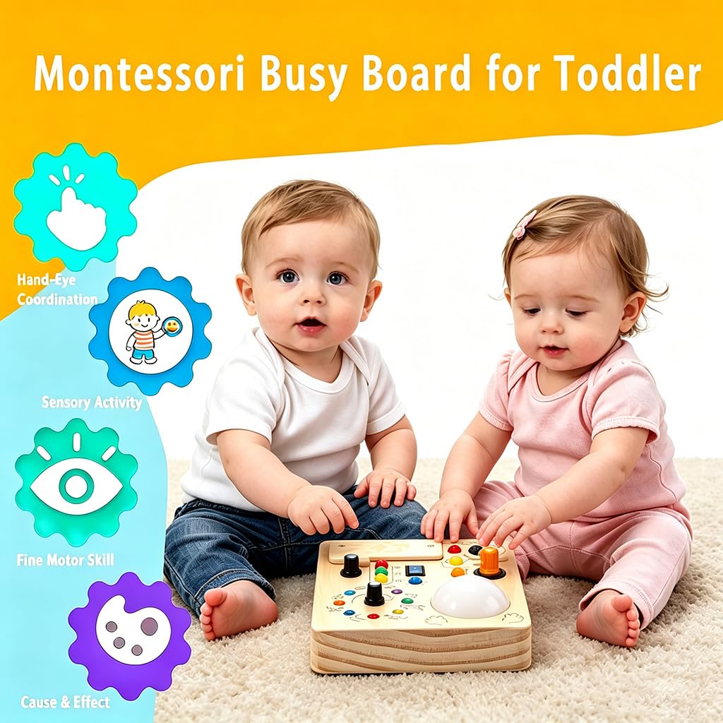 IRUPEN Montessori Busy Board for Toddlers 1-3 Year Old, Sensory Activity Toys for Baby Aged 1 2 3 Years Old with LED Light Switches, Wooden Travel Toys for Boys Girls Gift (Tap Light Busy Board)