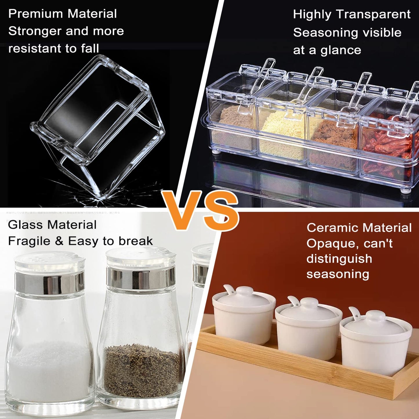 SHAIDOJIO Clear Seasoning Box, 8 Piece Seasoning Rack Spice Pots, Plastic Storage Container Condiment Jars with Lids and Spoon, Kitchen Organization Containers for Spice, Salt, Sugar, Cruet (2 Set)