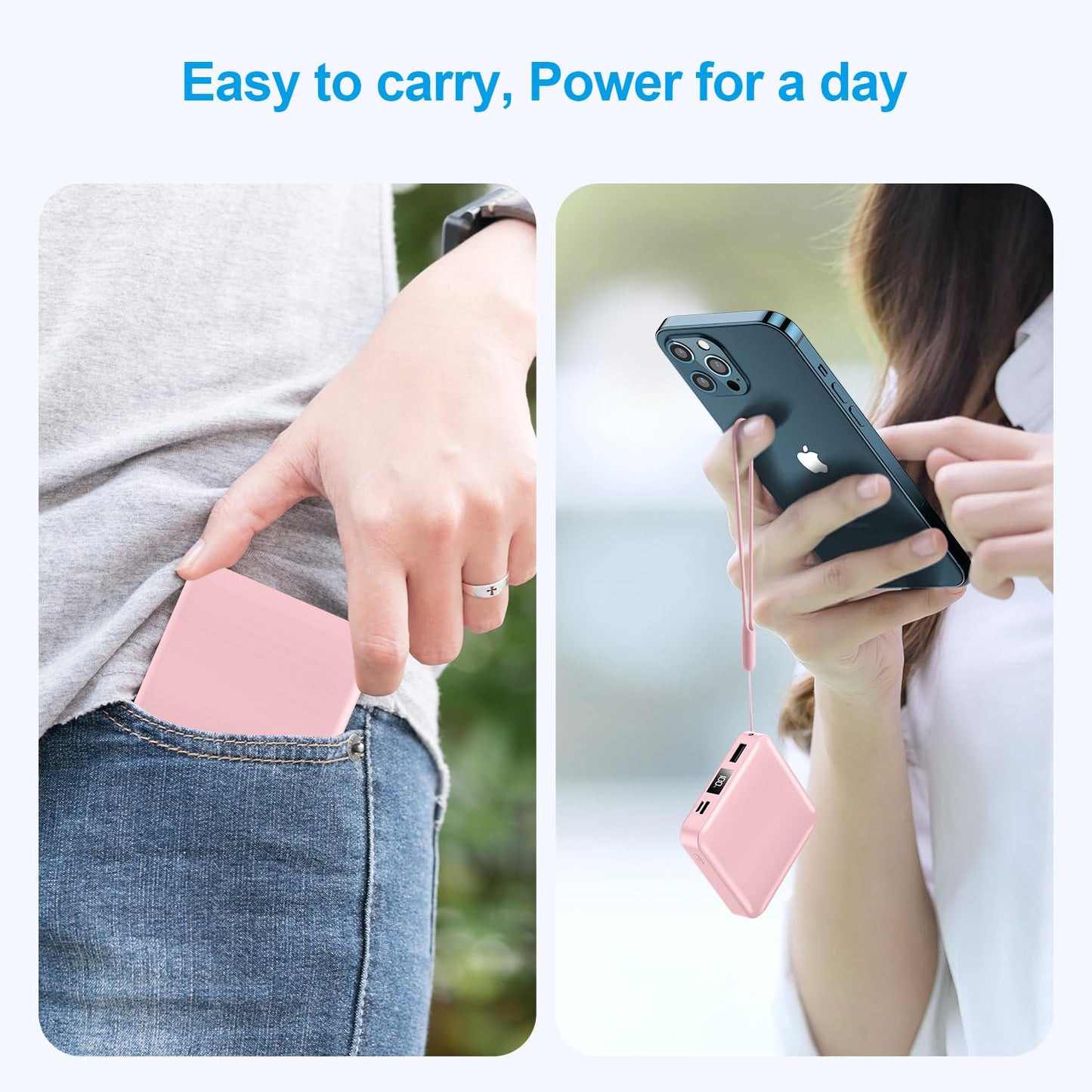 Portable Charger with Built-in Cable,12000mAh 22.5W Fast Charging Small Power Bank,USB C Input/Output with Smart LED Display,External Battery Pack for iPhone,Tablet,Samsung
