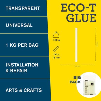 Rapid Eco-T Transparent Hot Glue Sticks, 12mm x 190mm, 1kg, 50 Sticks, Universal, Waterproof, Fast Drying