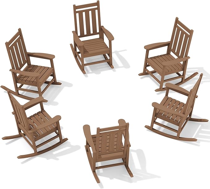 KINGYES Oversized Outdoor Rocking Chair Set of 6, All-Weather Patio Rocking Chairs for Porch, HDPE Outdoor Patio Rockers with High Back & Wide Seat for Garden, Lawn, Brown