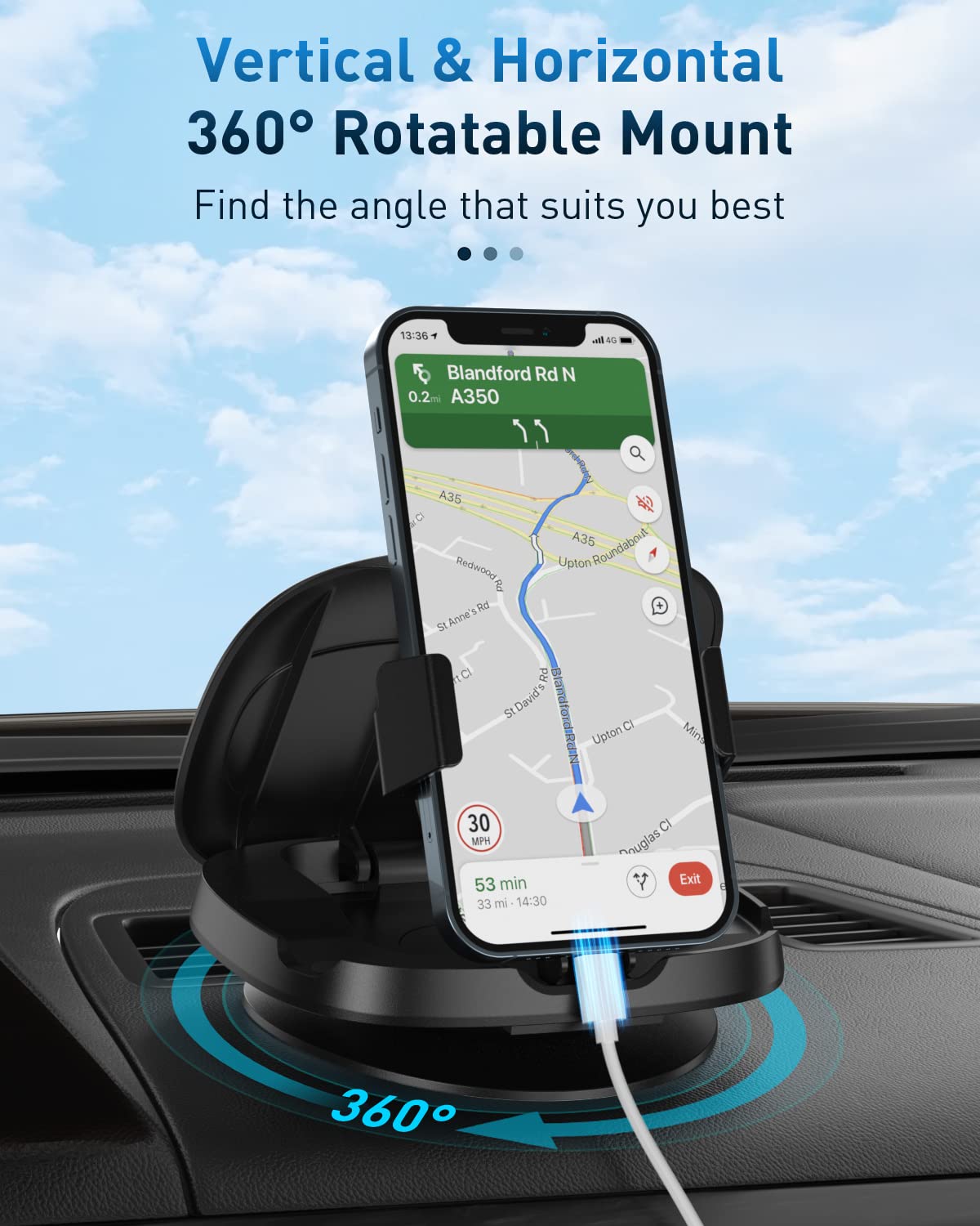 JOYEKY Car Phone Holder for Dashboard, 360° Rotatable Horizontal & Vertical Viewing Car Phone Mount，Washable Reusable Mobile Phone Holder, for iPhone Samsung Android Smartphones (Black)