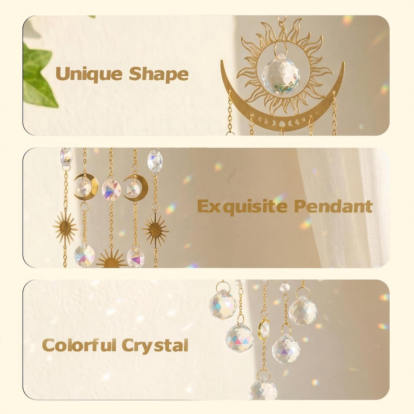 Sun and Moon Crystal Suncatcher for Window Hanging, Prism Sun Catcher with Chain and Hook, Rainbow Maker for Ceiling Porch Indoor Window Home Garden Christmas Day Party Wedding Decoration