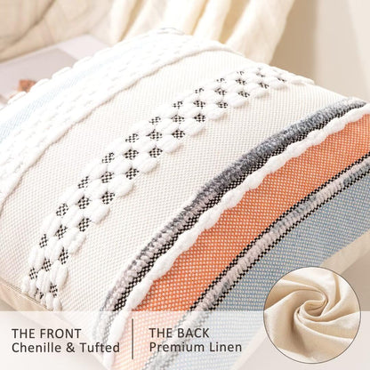 Boho Throw Pillow Covers 18x18 Set of 2 Farmhouse Decorative Cushion Case Striped Square Pillows Cover Chenille Pillow Cases Accent Neutral Pillowcase for Sofa Couch Bed,Sky Blue