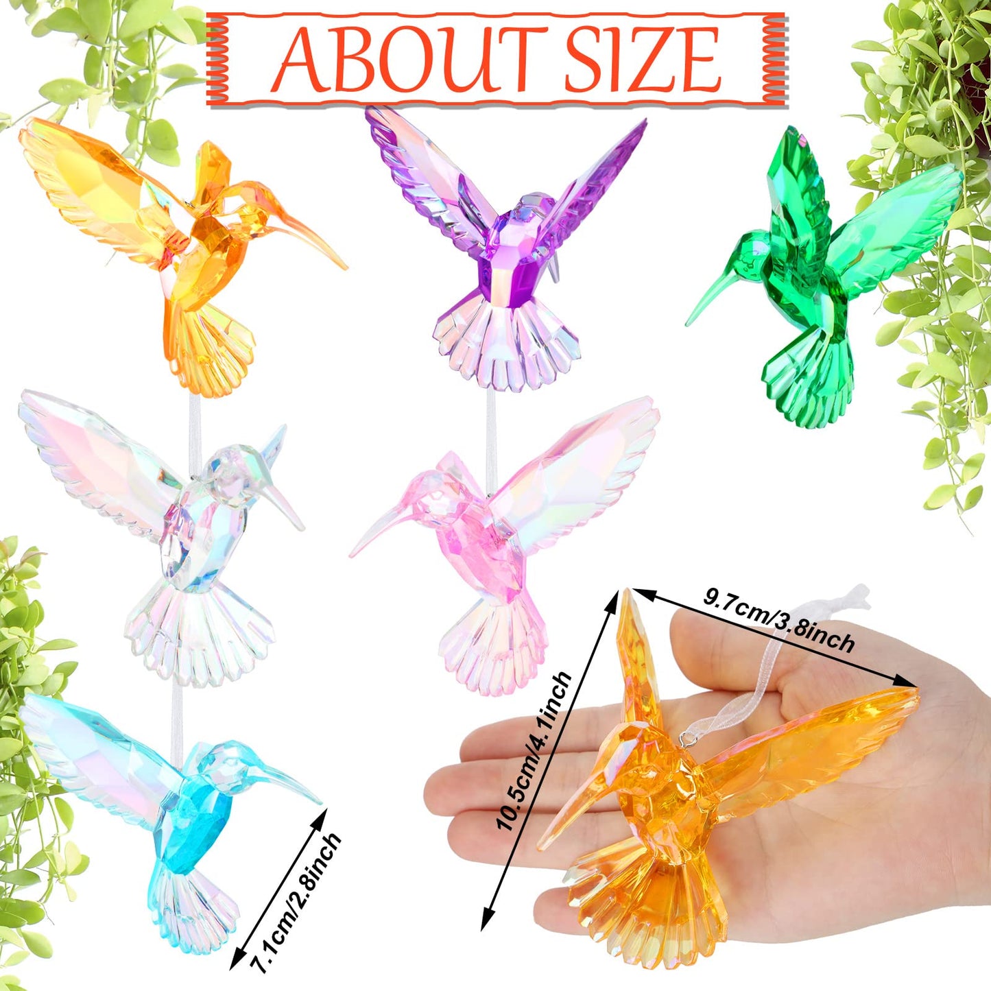 Qunclay 6 Pcs Hummingbird Hanging Ornaments Acrylic Crystal Hummingbird Suncatchers Decor Shiny Iridescent Bird Figurines Hanging for Trees Decorations Party Favor