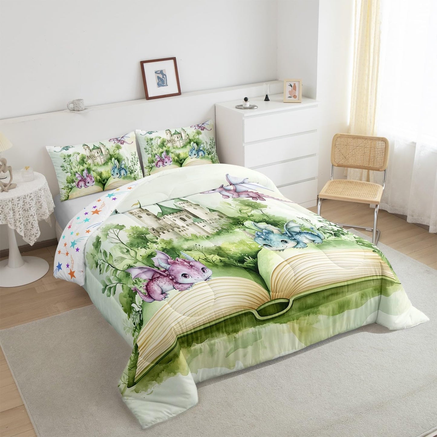 Kawaii Dragon Kids Comforter Sets Toddler Size,Jungle Princess Castle Bedding Comforter Sets,Boys Girls Magic Book Quilt Sets for Bedroom Decor,Green Plants Leaves Duvet Insert with 1 Pillowcase