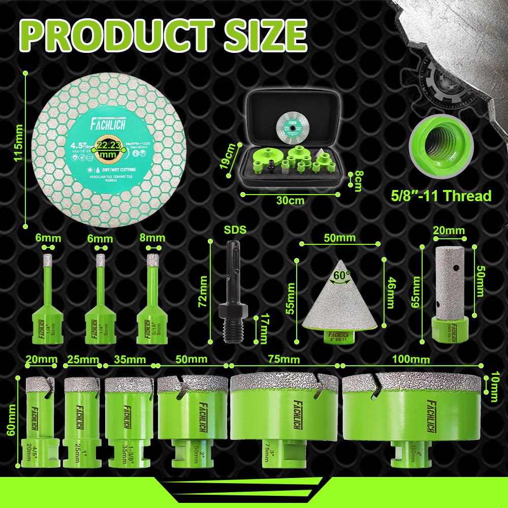 Tile Hole Saw Kit Diamond - FACHLICH 4" Diamond Core Drill Bits Set and 4.5" Diamond Cutting Grinding Blade for Porcelain Ceramic Tile Marble Granite etc