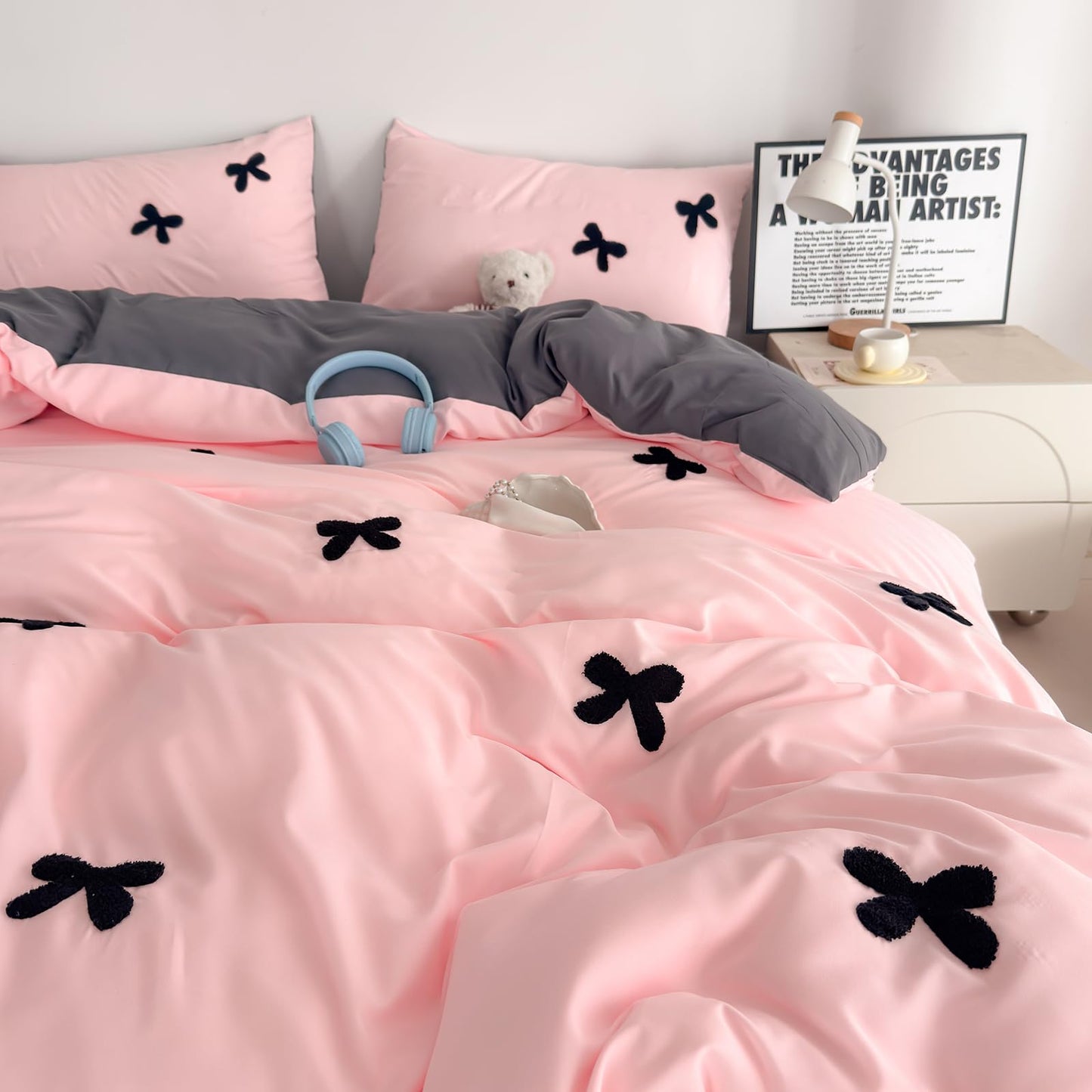 Tailor Shop Twin Comforter Set for Girls 5 Pieces Tufted Chenille Bowknot Embroidery Grey Comforter Pink Bedding Twin Girls Comforter