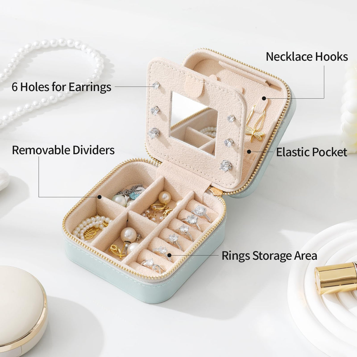 NGVRC Genuine Leather Travel Jewelry Case Organizer with Mirror for Women, Small Jewelry Box Portable Mini Jewelry Case for Earring, Ring, Necklace, Bracelet(Cyan)