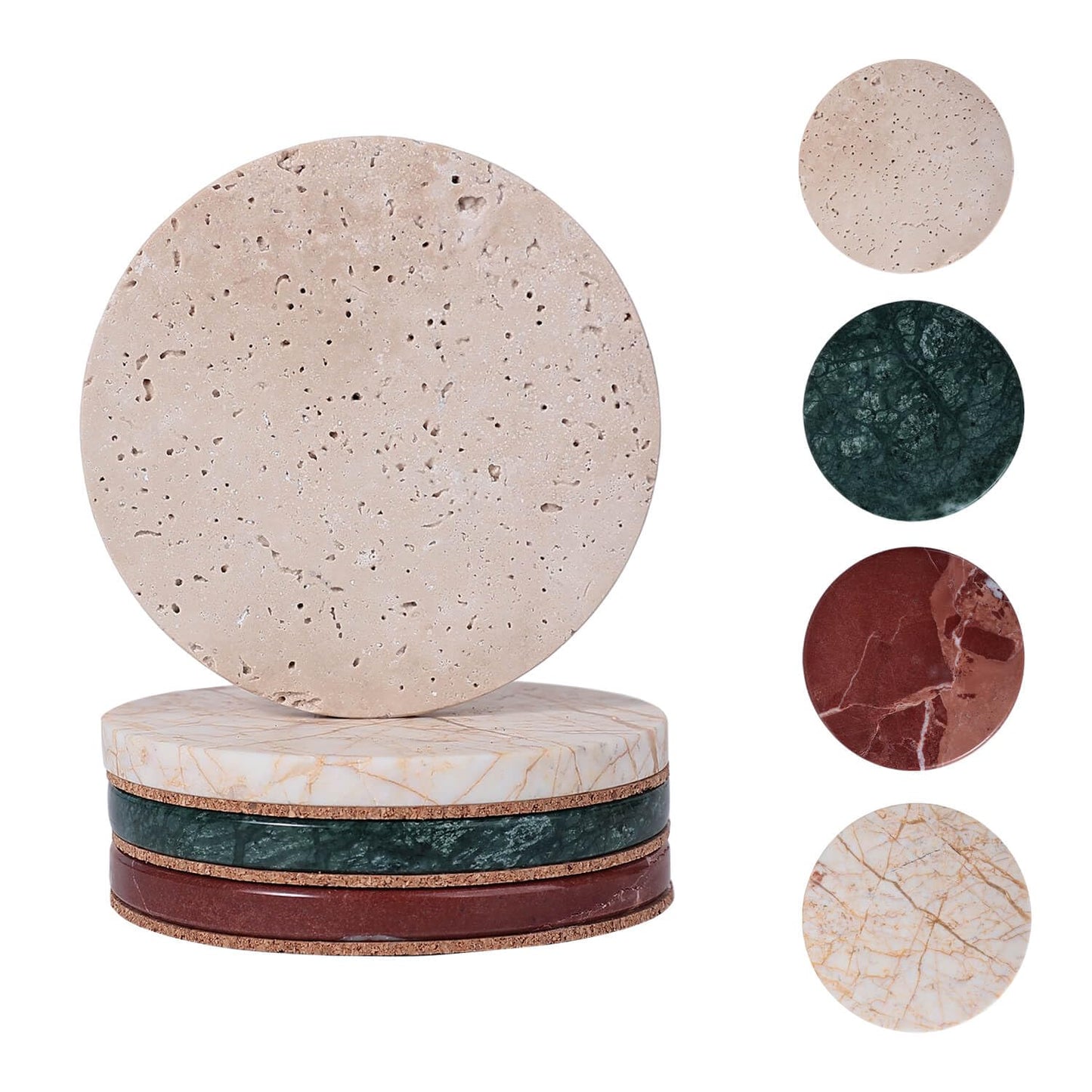JIMEI Natural Travertine Marble Coaster Set of 4-4 Inch Round Handmade Stone Drink Coasters, Absorbent & Non-Slip Cork Backing