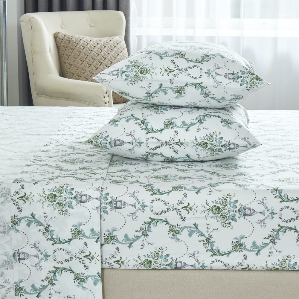 DAUAOTO 100% Cotton Bedding Printed Sheets Set for King Size Bed Up to 14" Deep Mattress, Botanical Vines Pattern Bedlinen Sets, Green