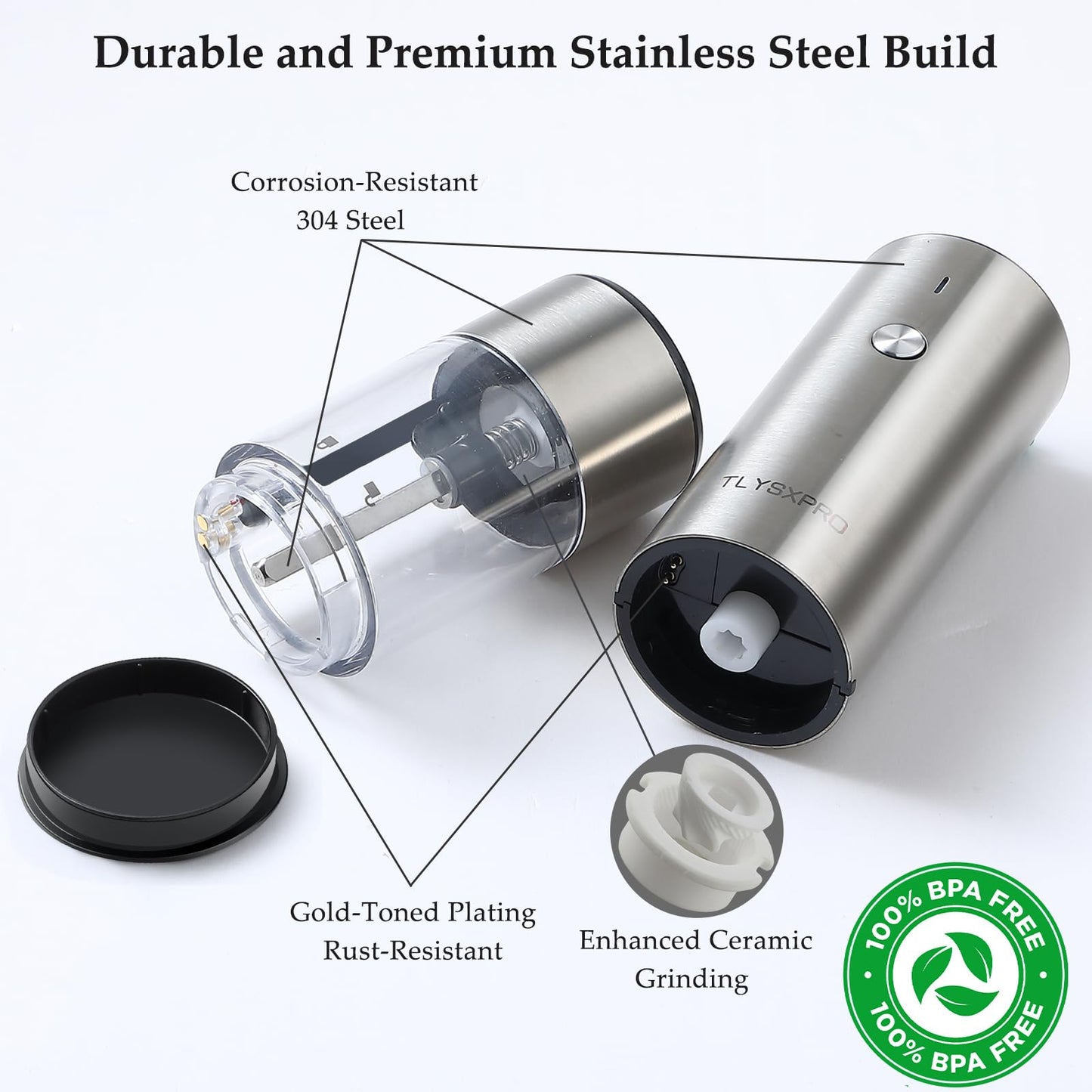 Electric Salt and Pepper Grinder, USB Rechargeable, Automatic Salt and Pepper Shaker, Adjustable Coarseness, Electric Pepper Mill, LED Light, Refillable, Kitchen Gadget (1-Pack, Stainless Steel)