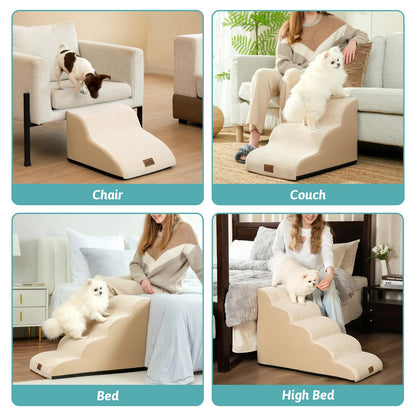 COZY KISS Dog Stairs for Small Dogs, Curved Pet Step with Leakproof Cover, High Density Foam Cat Ramp for Bed or Sofa, Lightweight, Durable, Comfort, 15.7x22.4x15.7 inch, 3 Tiers, Beige