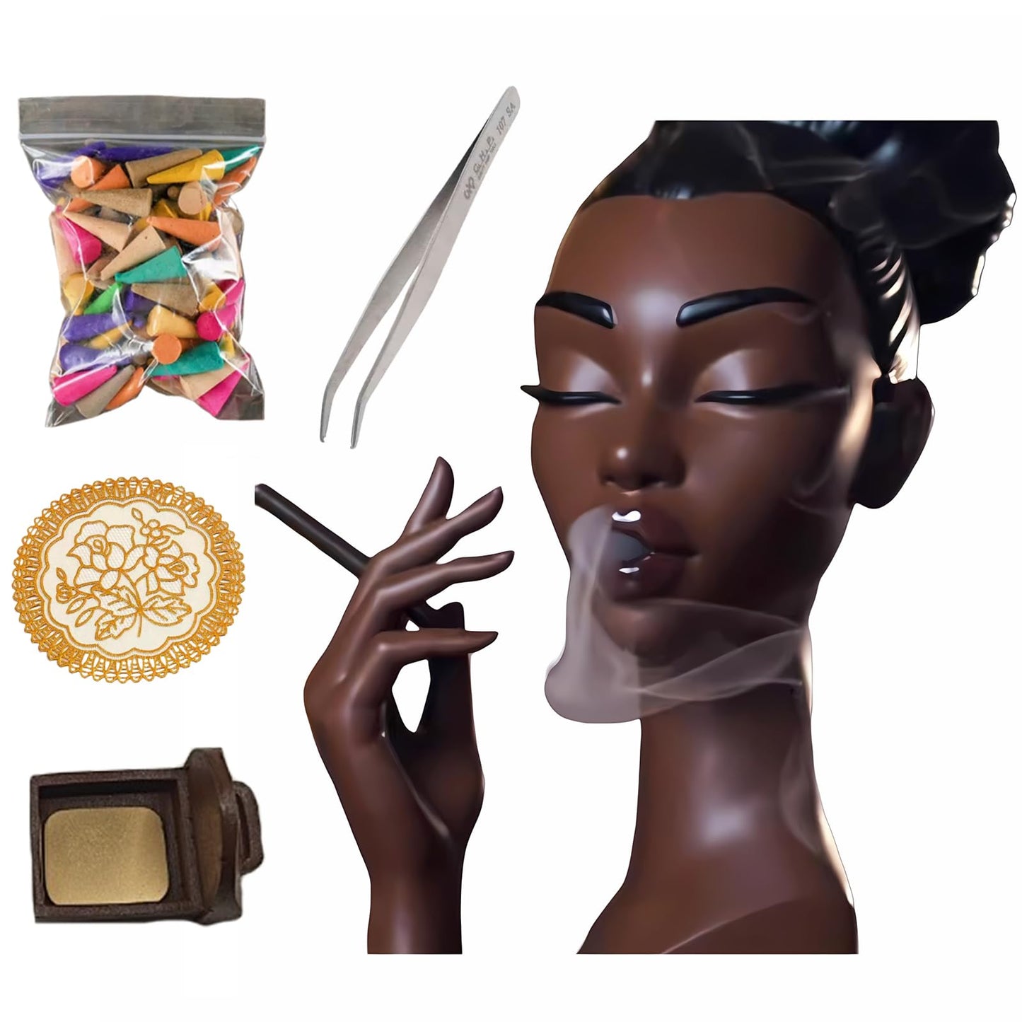 Elegant Head Incense Black Woman Burner, Modern Design, Stylish Incense Holder Black Women, Sophisticated Home Decor, Desk Accessory (Black2)