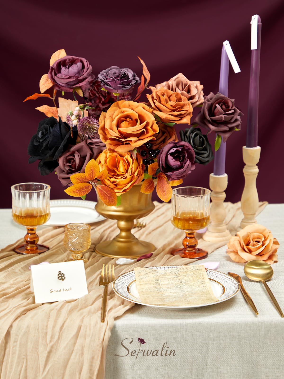 Serwalin Fall Aritificial Flowers Orange Silk Flowers Purple Black Roses Fake Flowers for DIY Centerpieces Boutonnieres Cake Fall Floral Home Decoration