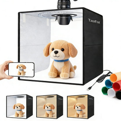 TzezFoz 12x12inch Portable Photo Studio Light Box,Folding Ring Light Box with 3 Modes & 6 Backdrops, Photography Light Tent USB Powered Lighting Tent for Jewelry/Accessories