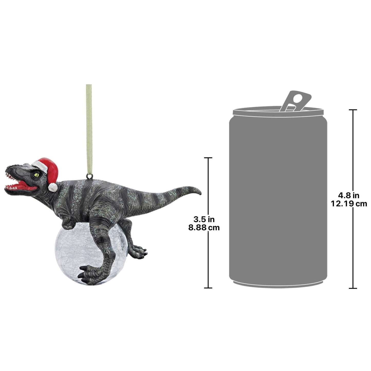 Design Toscano Blitzer the T Rex Dinosaur Christmas Tree Ornament, 5 Inch Long, Cast Stone Resin with Glass Ball, Green Glitter Finish