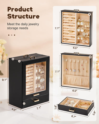 Homde Mothers Day Gifts Jewelry Organizer Girls Women Jewelry Box for Necklaces Rings Earrings Gift Bracelets Storage Case (Black + Gold)