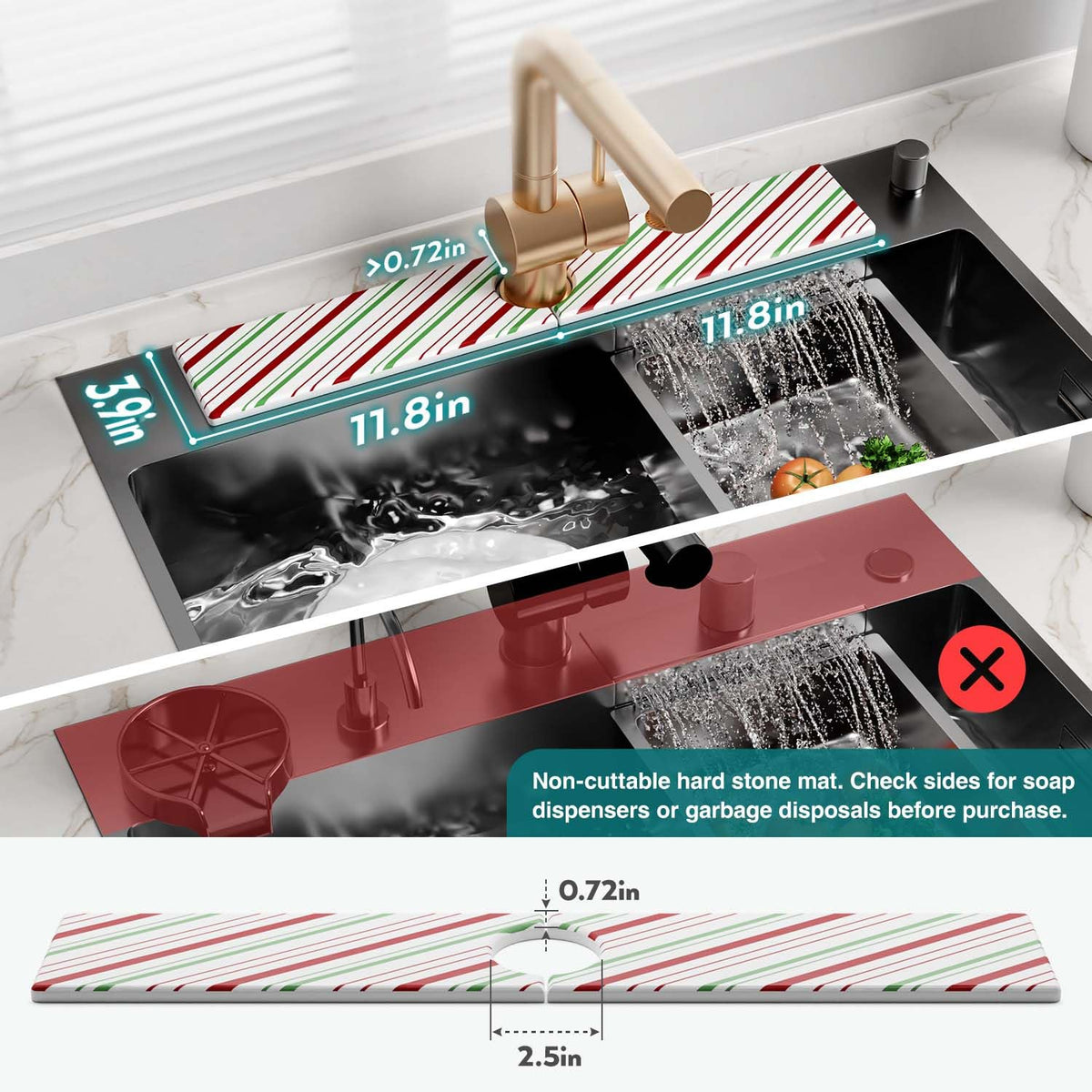 Stone Faucet Mat for Kitchen Sink, Diatomite Drying Stone Mat for Kitchen Counter, Prevent Moisture – Sink Splash Guard for Holiday Gift Home Decor (Red/Green, 23.6" x 3.9")