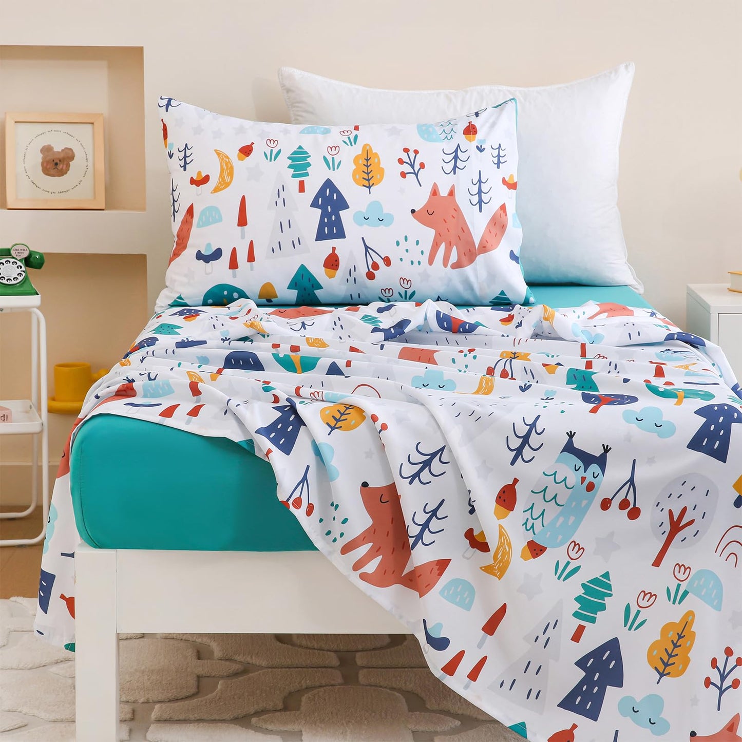 Homilay Toddler Size Cute Fox Comforter Set for Kids, Toddler, Boys&Girls, 4 Pieces Bed-in-a-Bag Bedding Set, All Season Ultra Soft Oeko TEX Sheets Set with Comforter, (Forest)