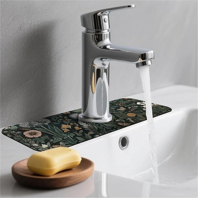 Kitchen Sink Splash Guard，Dark-green black flowers Faucet Mat Sink