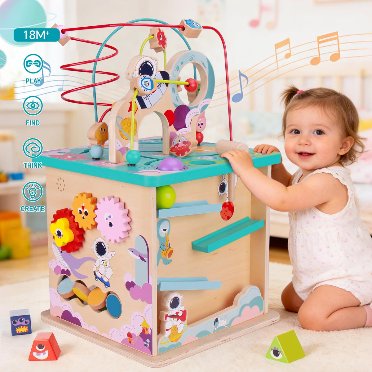 Udeas Pre-Assembled 9 in 1 Large Wooden Activity Cube. Educational Learning Toy for Kids with Bead Maze, Shape Sorter and Music Gears and More. for Toddlers 18 M+. Birthday Gifts for Boys and Girls
