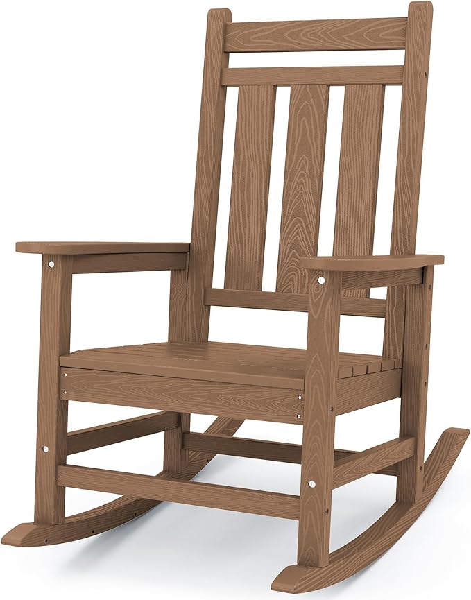 KINGYES Oversized Outdoor Rocking Chair, All-Weather Patio Rocking Chairs for Porch, HDPE Outdoor Patio Rockers with High Back & Wide Seat for Garden, Lawn, Brown