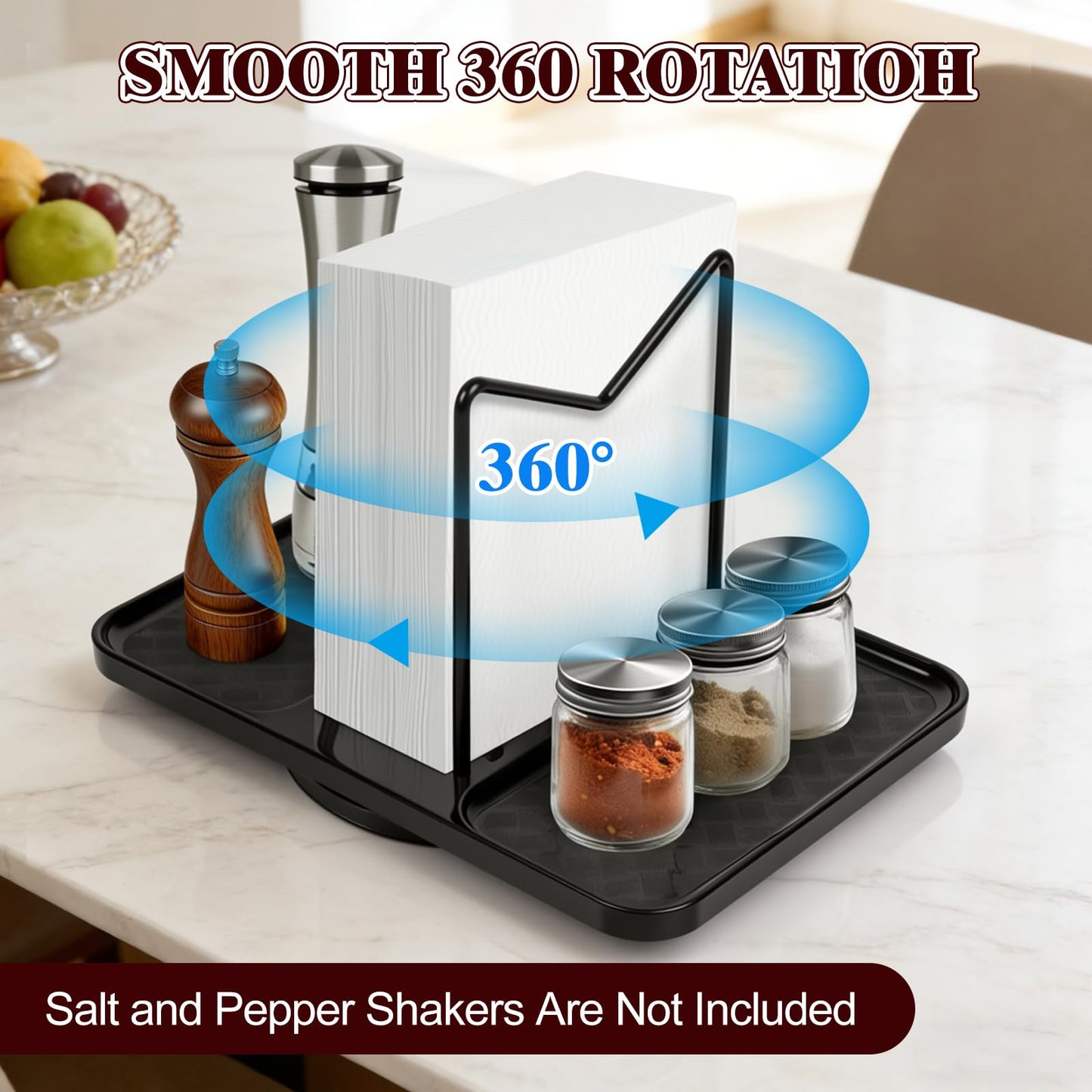 Rotating Napkin Holder for Table, Bamboo Standing Napkin Dispenser with Salt Pepper Shakers Caddy, Black Metal Paper Napkin Holders for Kitchen Dining Table Farmhouse Decor, Shakers Not Included